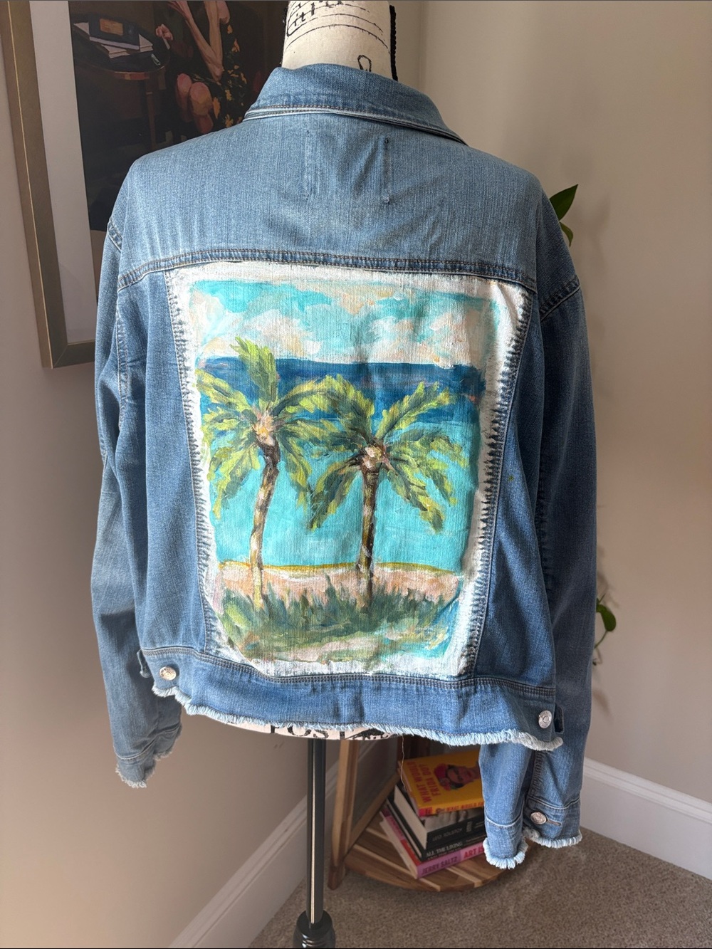 Nine West Light Blue Denim Jacket with Hand-Painted Palm Scene